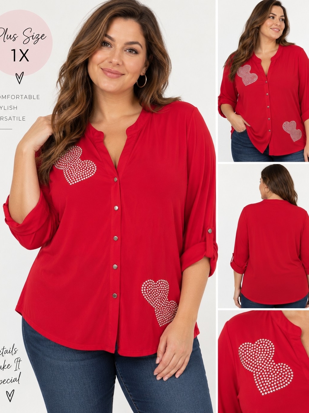 Cocomo Woman Plus Size 1X Red Rhinestone Heart Button Front Blouse Top